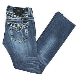 MISS ME STRAIGHT LEG RHINESTONE EMBELLISHED DISTRESSED RAW HEM LOW RISE SIZE 26
